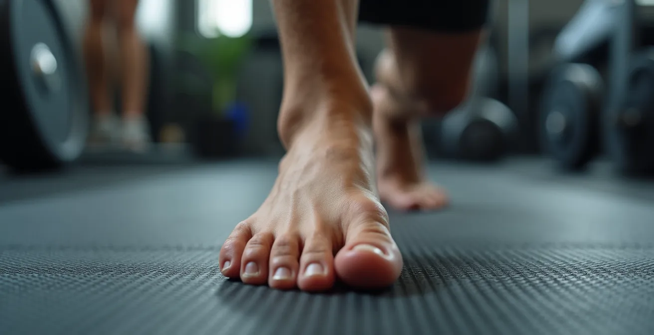 Vue macro détaillée du pied en position de trépied pendant une fente montrant les trois points d'appui