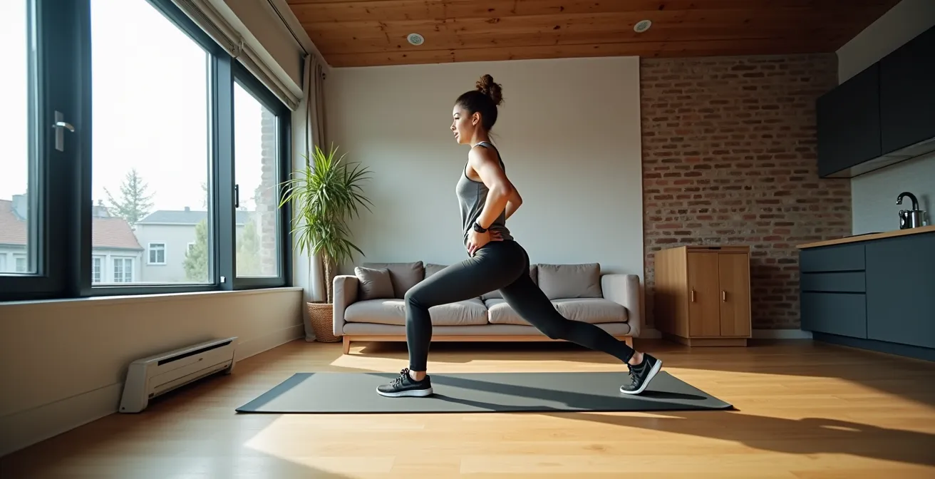 Démonstration d'un step-back burpee sur tapis épais dans un condo urbain