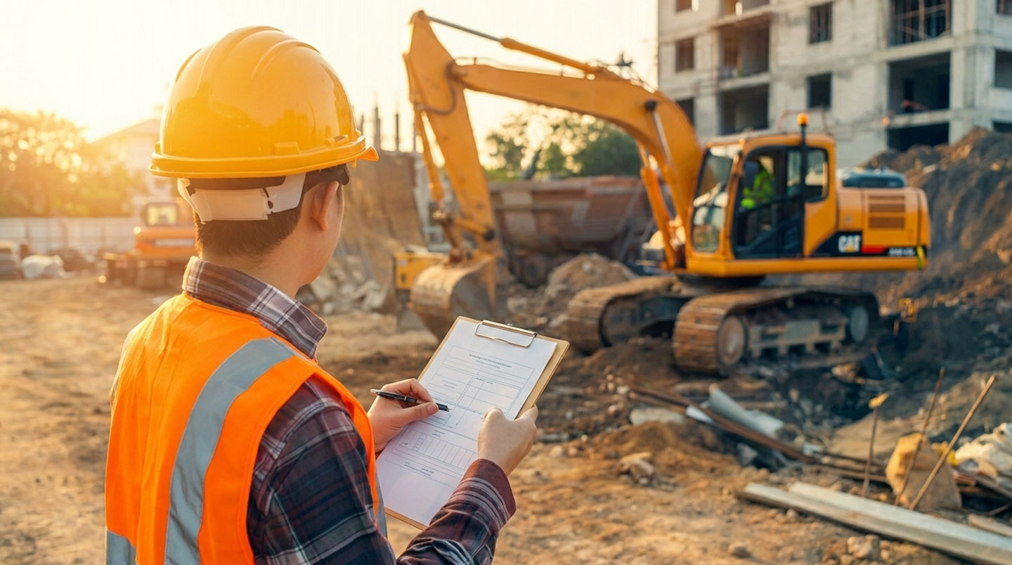 Entrepreneur général examinant des plans structuraux et des documents de géotechnique sur un chantier de reprise en sous-œuvre