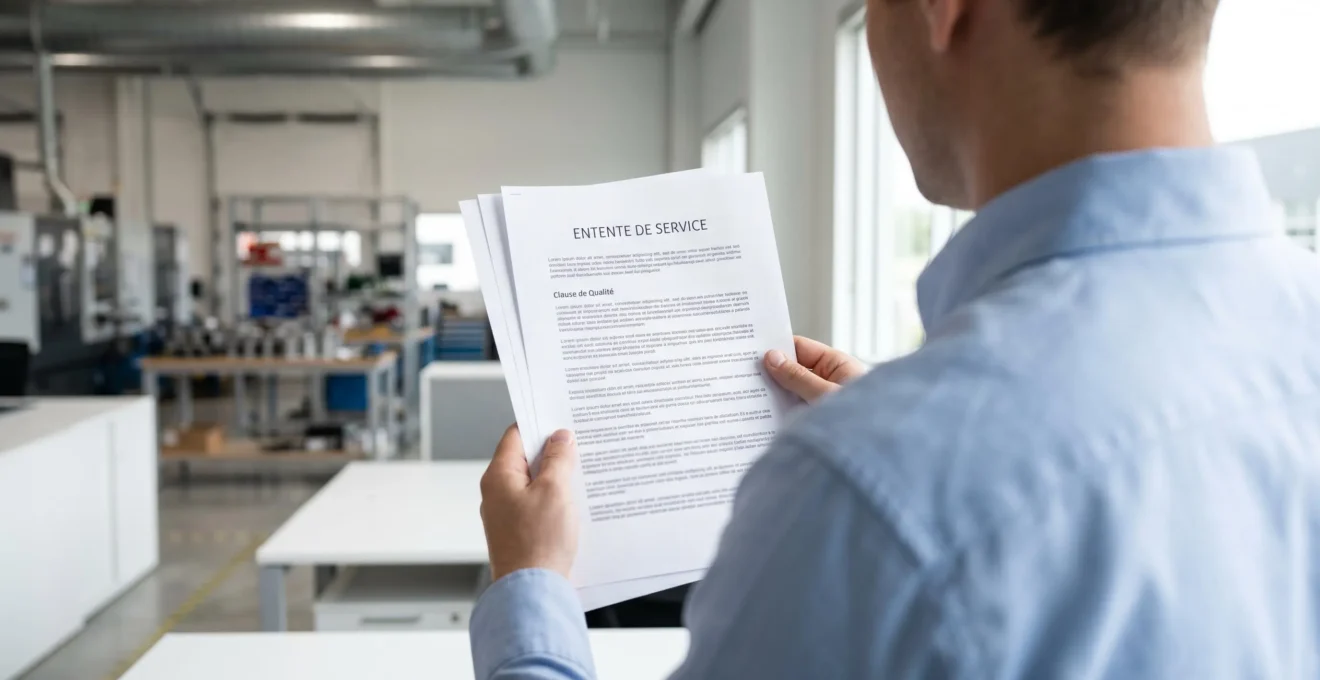 Gros plan sur document contractuel professionnel ouvert avec stylo métallique, posé sur table en bois massif avec éclairage naturel latéral, arrière-plan flou montrant plante et tasse