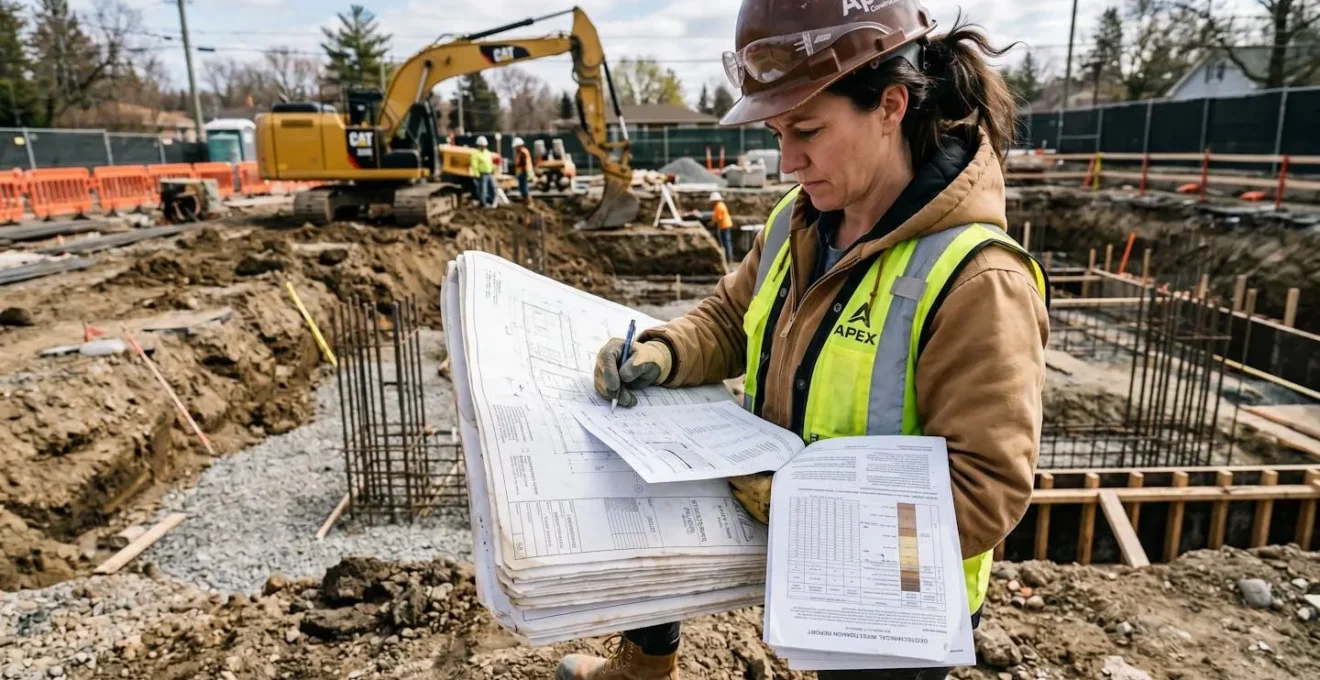 Entrepreneur général examinant des plans structuraux et des documents de géotechnique sur un chantier de reprise en sous-œuvre