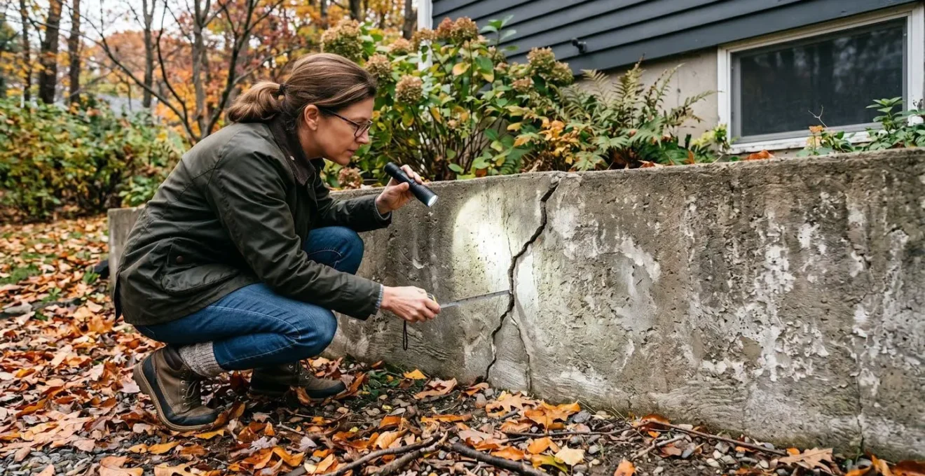 Fissure sur un mur de fondation en béton inspectée par un propriétaire avant l'hiver