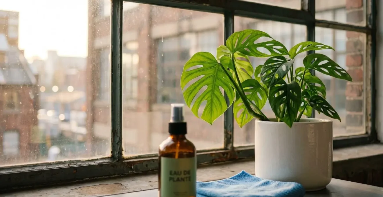 Plante verte en croissance vigoureuse sur rebord de fenêtre industrielle avec lumière naturelle dorée, outils d'entretien écologiques discrets au premier plan légèrement flou