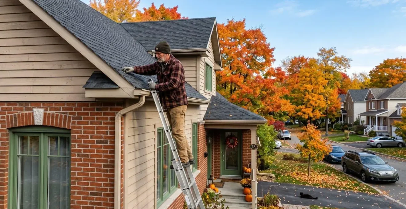 Propriétaire québécois inspectant sa toiture en automne avant l'arrivée de la neige