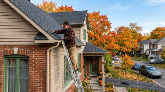 Propriétaire québécois inspectant sa toiture en automne avant l'arrivée de la neige