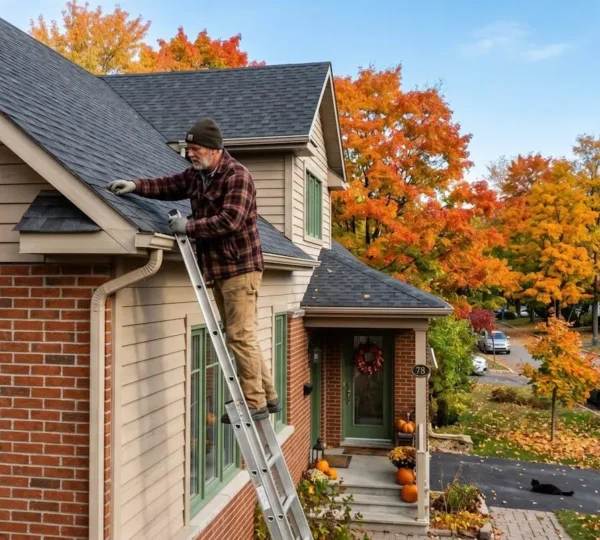 Propriétaire québécois inspectant sa toiture en automne avant l'arrivée de la neige