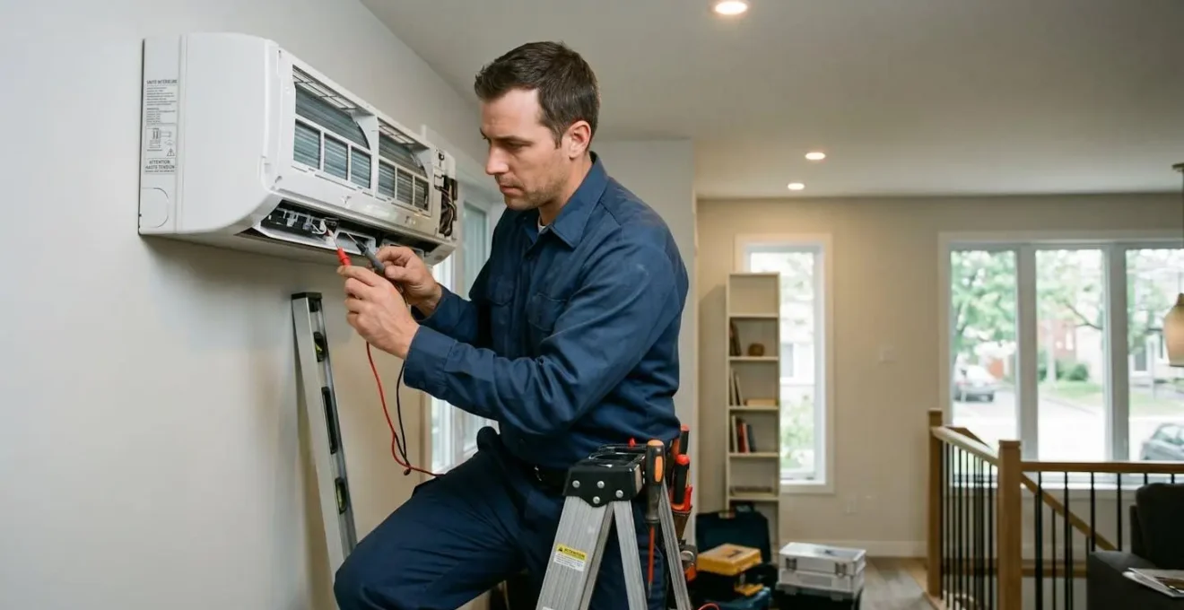 Technicien HVAC certifié installant une unité intérieure de thermopompe murale dans une résidence québécoise, manipulation professionnelle de l'équipement avec outils spécialisés